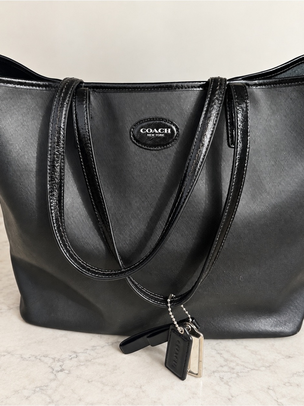 Coach Black Leather Tote with Hang Tag and Metal Accents